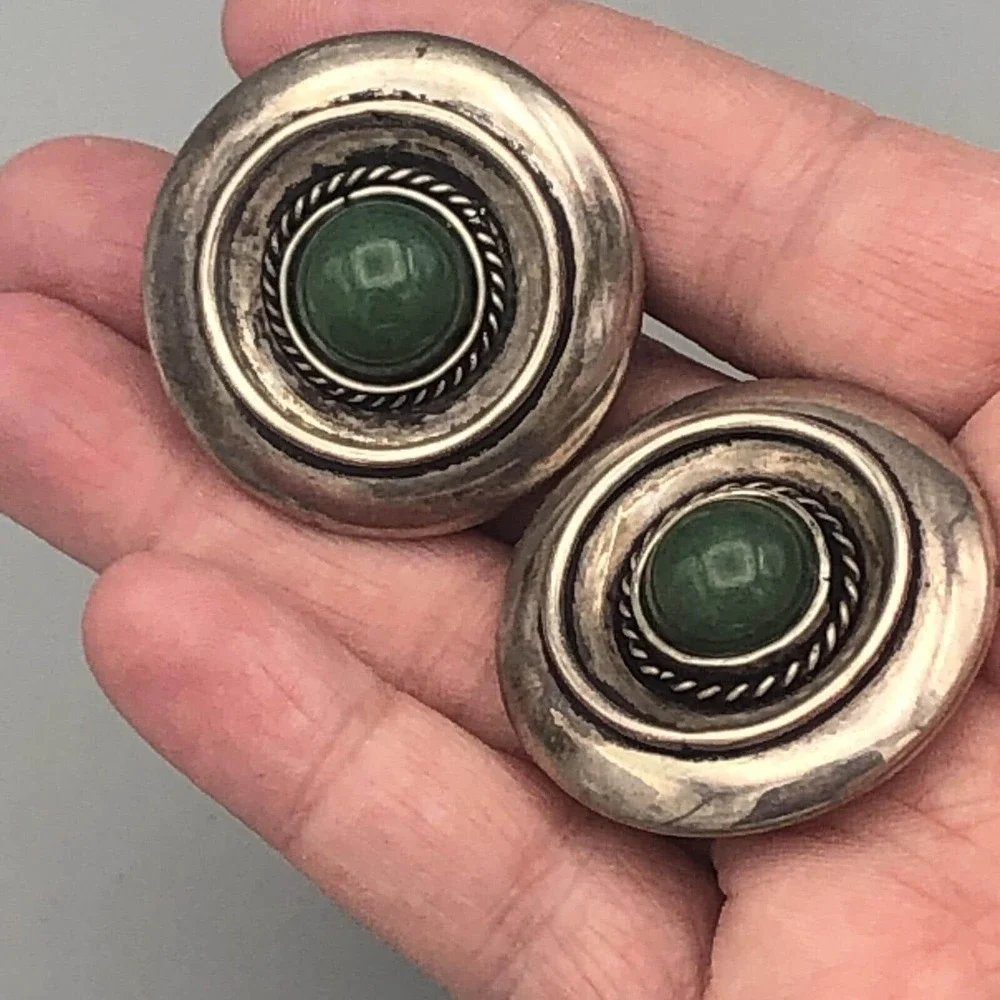 Vintage Sterling Silver Round Disc Earrings with Green Aventurine Clip Ons